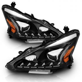 AmeriLite Projector Black Headlights LED Bar Style Set for 2013-2015 Nissan Altima 4 Door Sedan - Passenger and Driver Side