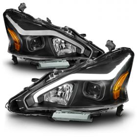 AmeriLite for 2013-2015 Nissan Altima 4 Door Sedan LED Tube Black Square Projector Headlights Set - Passenger and Driver Side