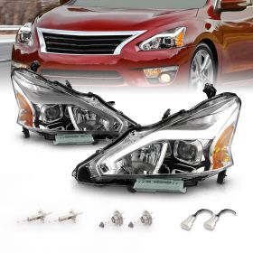AmeriLite for 2013-2015 Nissan Altima 4 Door Sedan LED Tube Chrome Square Projector Headlights Set - Passenger and Driver Side
