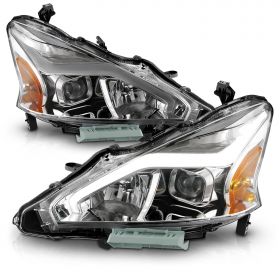 AmeriLite for 2013-2015 Nissan Altima 4 Door Sedan LED Tube Chrome Square Projector Headlights Set - Passenger and Driver Side