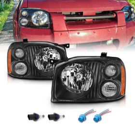 AmeriLite 2001-2004 Black Replacement Headlights Assembly for Nissan Frontier D22 Base/SE/SC/XE (Pair) w/ Hi/Lo Beam Bulb