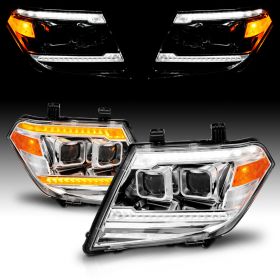 AmeriLite for 2009-2020 Nissan Frontier Pickup Truck LED DRL Tube Switchback Sequential Signal Chrome Projector Headlights Assembly Set - Passenger and Driver Side