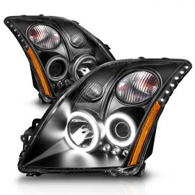 AmeriLite for 2007-2009 Nissan Sentra Black Replacement Projector Xtreme LED Halo Ring Headlights Assembly Set - Passenger and Driver Side