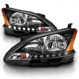 AmeriLite 2013-2015 For Sentra 4 Door Sedan Factory Style Black Replacement Headlights Assembly - Passenger and Driver Side