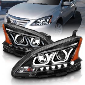 AmeriLite 2013-2015 Projector Dual LED Bar Black Replacement Headlights Set For Sentra - Passenger and Driver Side