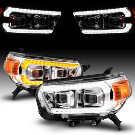 AmeriLite for 2010-2013 Toyota 4-Runner Switchback LED DRL Sequntial Turn Signal Dual Projector Chrome Headlight Set - Driver and Passenger Side