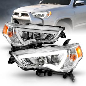 AmeriLite for 2014-2023 Toyota 4Runner LED Tube Square Chrome Projector Headlights Assembly Set - Passenger and Driver Side