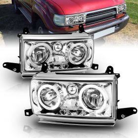 AmeriLite Chrome Crystal Headlights Halo For Toyota Land Cruiser - Passenger and Driver Side