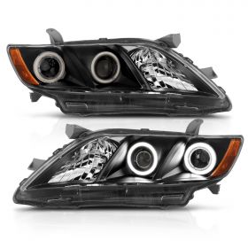 AmeriLite for 2007-2009 Toyota Camry Dual Xtreme LED Halos Projector Black Replacement Headlights Set High/Low Beam Bulb Included - Passenger and Driver Side