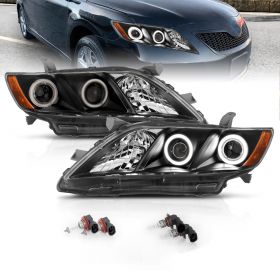 AmeriLite for 2007-2009 Toyota Camry Dual Xtreme LED Halos Projector Black Replacement Headlights Set High/Low Beam Bulb Included - Passenger and Driver Side