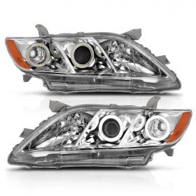 AmeriLite for 2007-2009 Toyota Camry Dual Xtreme LED Halos Projector Chrome Replacement Headlights Set - Passenger and Driver Side