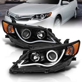 AmeriLite Black Projector LED Bar Halo Replacement Headlights Set For 12-14 Toyota Camry - Passenger and Driver Side