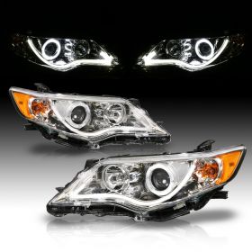 AmeriLite Chrome Projector LED Halo Light Tube Replacement Headlights Set for 2012-2014 Toyota Camry - Passenger and Driver Side