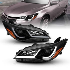 AmeriLite for 2015-2017 Toyota Camry Black w/ Glow LED Tube Projector Headlights Assembly Pair - Passenger and Driver Side