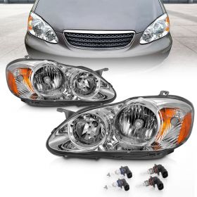 AmeriLite Chrome Replacement Headlights Assembly For 2003-2008 Toyota Corolla (Pair) High/Low Beam Bulb Driver and Passenger Side Included