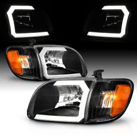 AmeriLite for 2000-2004 Toyota Tundra Regular | Access Cab C-Type LED Tube Black Headlight Corner Lamp Set - Driver and Passenger Side