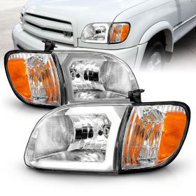 AmeriLite for 2000-2004 Toyota Tundra Regular | Access Cab C-Type LED Tube Chrome Headlight Corner Lamp Set - Driver and Passenger Side