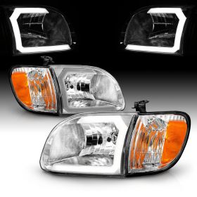 AmeriLite for 2000-2004 Toyota Tundra Regular | Access Cab C-Type LED Tube Chrome Headlight Corner Lamp Set - Driver and Passenger Side