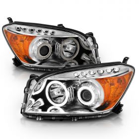AmeriLite Chrome Dual Intense LED Halo Projector Headlights Set For Toyota Rav4 - Driver and Passenger Pair