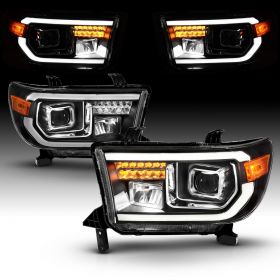 AmeriLite for 2007-2013 Toyota Tundra | 2008-2017 Sequoia [Full LED] Light Tube DRL Turn Signal Square Projector Headlight Set - Passenger and Driver Side