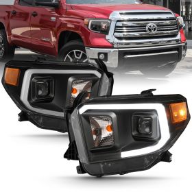 AmeriLite Black Intense LED DRL Bar Projector Replacement Headlights Set For 2014-2019 Toyota Tundra SR SR5 Limited TRD