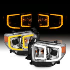 AmeriLite Chrome Intense LED DRL Bar Projector Replacement Headlights Set For 14-19 Toyota Tundra SR SR5 Limited TRD