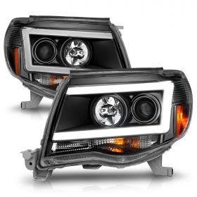 AmeriLite for 2005-2011 Toyota Tacoma C-Type LED Tube Black Projector Replacement Headlights Pair - Passenger and Driver Side