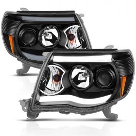 AmeriLite 2005-2011 for Toyota Tacoma Dual LED Tube Black Projector Headlights Assembly Replacement Pair - Driver and Passenger Side