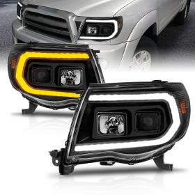 AmeriLite for 2005-2011 Toyota Tacoma C-Type Switchback LED Tube Signal Square Projector Black Headlights Pair - Passenger and Driver Side