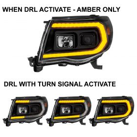 AmeriLite for 2005-2011 Toyota Tacoma C-Type Switchback LED Tube Signal Square Projector Black Headlights Pair - Passenger and Driver Side