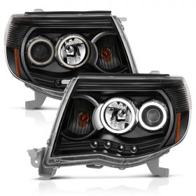AmeriLite for 2005-2011 Toyota Tacoma Dual Xtreme LED Halo Ring Clear Black Projector Headlights Assembly Pair - Passenger and Driver Side