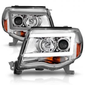 AmeriLite for 2005-2011 Toyota Tacoma C-Type LED Tube Chrome Projector Replacement Headlights Pair - Passenger and Driver Side
