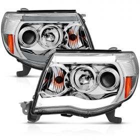 AmeriLite 2005-2011 for Toyota Tacoma Dual LED Tube Chrome Projector Headlights Assembly Replacement Pair - Driver and Passenger Side