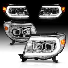AmeriLite for 2005-2011 Toyota Tacoma C-Type Switchback LED Tube Signal Square Projector Chrome Headlights Pair - Passenger and Driver Side