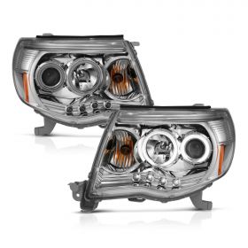 AmeriLite for 2005-2011 Toyota Tacoma Dual Xtreme LED Halo Ring Crystal Chrome Projector Headlights Assembly Pair - Passenger and Driver Side