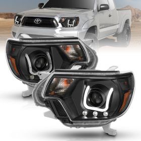 AmeriLite for 2012-2015 Toyota Tacoma Clear Black U-type LED Bar Projector Replacement Headlights Assembly Set - Passenger & Driver Side