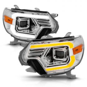 AmeriLite for 2012-2015 Toyota Tacoma Truck C-Type LED Tube Switchback Turn Signal Chrome Headlights Assembly Pair - Passenger and Driver Side