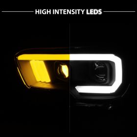 AmeriLite for 2016-2023 Toyota Tacoma SR SR5 [No LED DRL Models] Switchback Tube Square Projector Black Replacement Headlight Pair - Passenger and Driver Side