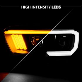 AmeriLite for 2016-2023 Toyota Tacoma TRD w/DRL Switchback LED Tube Square Projector Black Headlight Assembly Pair - Passenger and Driver Side
