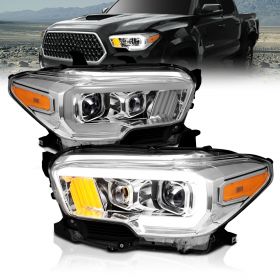 AmeriLite for 2016-2023 Toyota Tacoma SR SR5 Halogen Model LED Bar Dual Square Projector Chrome Headlight Assembly Pair - Passenger and Driver Side