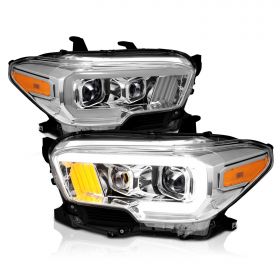 AmeriLite for 2016-2023 Toyota Tacoma SR SR5 Halogen Model LED Bar Dual Square Projector Chrome Headlight Assembly Pair - Passenger and Driver Side