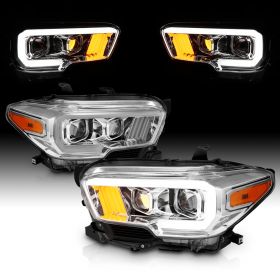 AmeriLite for 2016-2022 Toyota Tacoma TRD w/ LED DRL Tube Quad Projector Chrome Replacement Headlight Assembly Pair - Passenger and Driver Side