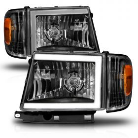 AmeriLite for 1997-2000 Toyota Tacoma 2WD Pickup LED Tube Black Reaplcement Headlights + Corner Light Set - Passenger and Driver Side