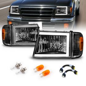 AmeriLite for 1998-2000 Toyota Tacoma 4WD Pickup LED Tube Black Reaplcement Headlights + Corner Light Set - Passenger and Driver Side