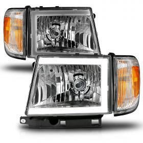 AmeriLite for 1997-2000 Toyota Tacoma 2WD Pickup LED Tube Chrome Reaplcement Headlights + Corner Light Set - Passenger and Driver Side