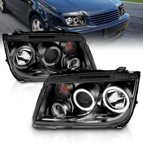 AmeriLite for 1999-2005 Volkswagan Jetta LED Halos Black Replacement Projector Headlights Fog Lights Set - Passenger and Driver Side