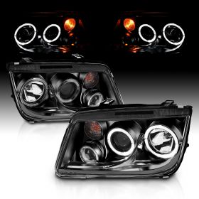 AmeriLite for 1999-2005 Volkswagan Jetta LED Halos Black Replacement Projector Headlights Fog Lights Set - Passenger and Driver Side