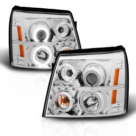 [LED Halo] 2002-2006 Cadillac Escalade LED DRL Projector Chrome Headlights Set