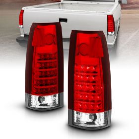 AmeriLite for 1988-1999 Chevy GMC Full Size C/K Series Pickup Truck Crystal Red LED Replacement Taillights Assembly Pair - Passenger and Driver Side