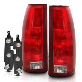 AmeriLite for 1988-2000 Chevy GMC C/K Silverado Sierra Truck Tahoe Suburban OE Red Replacement Halogen Tail Lights Pair + Bulb Connector Plate - Passenger and Driver Side